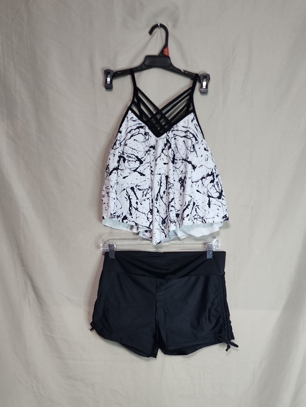 Source Unknown Black and White Marble Print Tankini with Black Swim Shorts